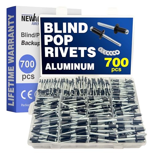 New Age America® 700pcs Blind Pop Rivets & Backup Washers | 3/32" to 1/4" | Black | 14 Sizes | SAE Size Aluminum Rivets & 304 Stainless Steel Backup Washers | Rivet Kit w Steel Mandrel | Labelled Case 700 PCS Rivets & Washers