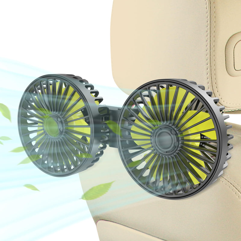 Car Fan for Rear Seat Passenger Dual Head USB Car Seat Fan for Backseat Kids, 360° Rotatable 3 Speeds Air Circulation Fan for Baby, USB Car Fan with Adjustable Clip for Vehicles SUV RV Vehicles USB Backseat Fan