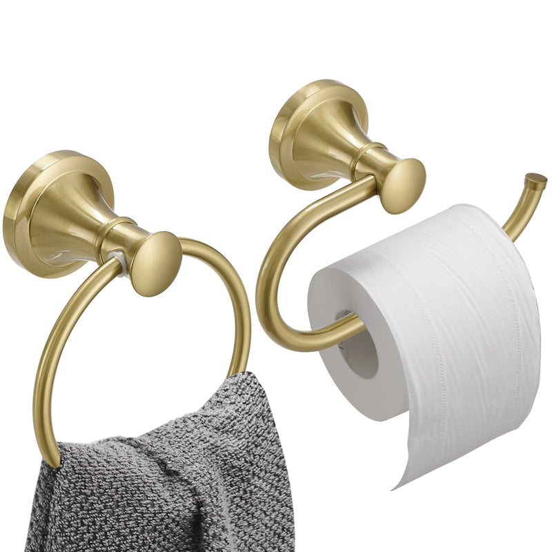 Hoimpro Brushed Gold 2-Piece Bathroom Bath Set, Wall Mounted Bathroom Hardware Fixture (Towel Ring Holder, Toilet Paper Towel Holder), Bathroom Accessories, Stainless Steel and Zinc Alloy