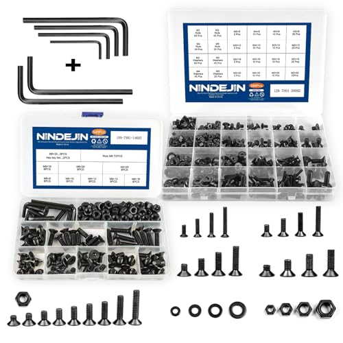 NINDEJIN M2 M3 M4 M5 M6 Flat Head Hex Socket Cap Screws Bolts and Hex Nuts with Washers Assortment Kit, 12.9/10.9 Carbon Steel Metric Screw, Full Thread, Black Oxide, Hex Drive(580PCS and 146PCS)
