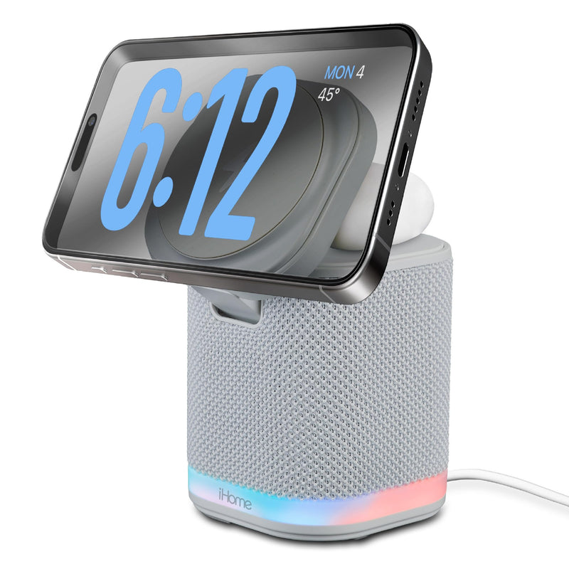 iHome Bluetooth Speaker with Wireless Charger, Charging Station with Color Changing Night Light - Gray (iPBT50G)
