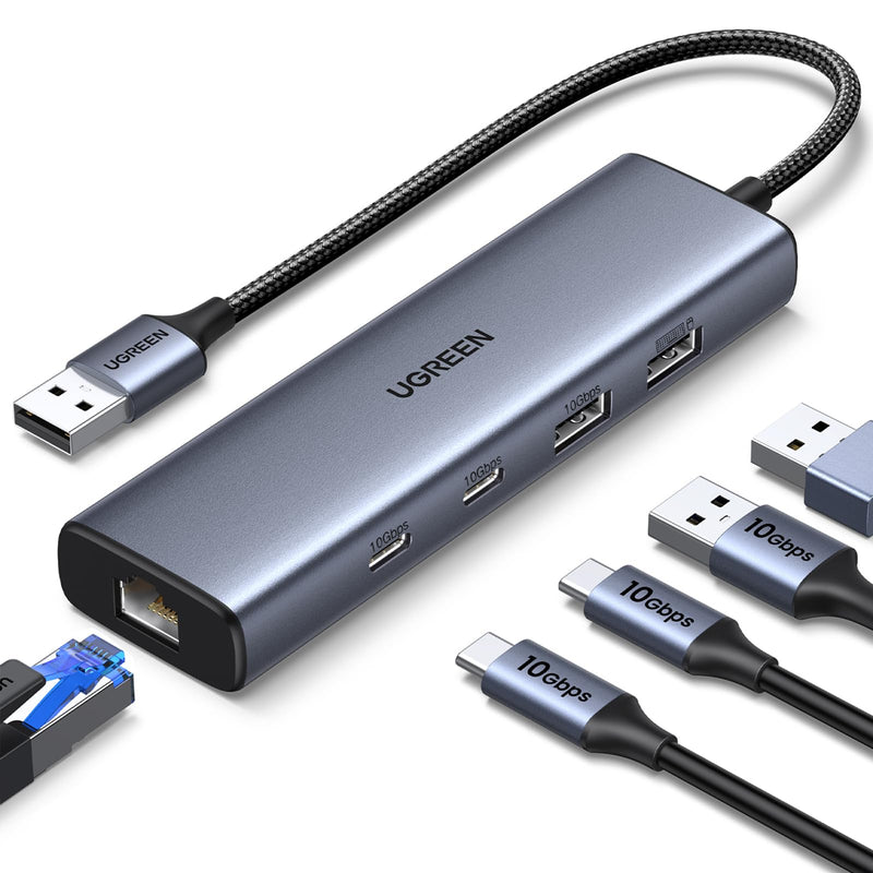 UGREEN USB to Ethernet Adapter, 5 in 1 USB Hub with Ethernet with 2* USB-C 3.2 (10Gbps) + 1*USB-A 3.2/1*USB-A 2.0/Gigabit RJ45, Network LAN Internet Dongle Compatible for Laptop, MacBook Pro/Air, XPS