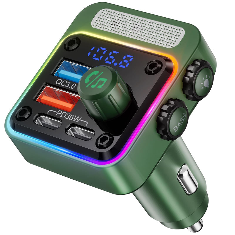 Nulaxy 54W Bluetooth 5.3 Car Adapter with 4 Charging Ports [PD 36W & QC3.0 18W], Wireless Radio FM Transmitter with Deep Bass Player & 5 Colors LED Backlit, Hands-Free Calling - NX16 Green C-Green