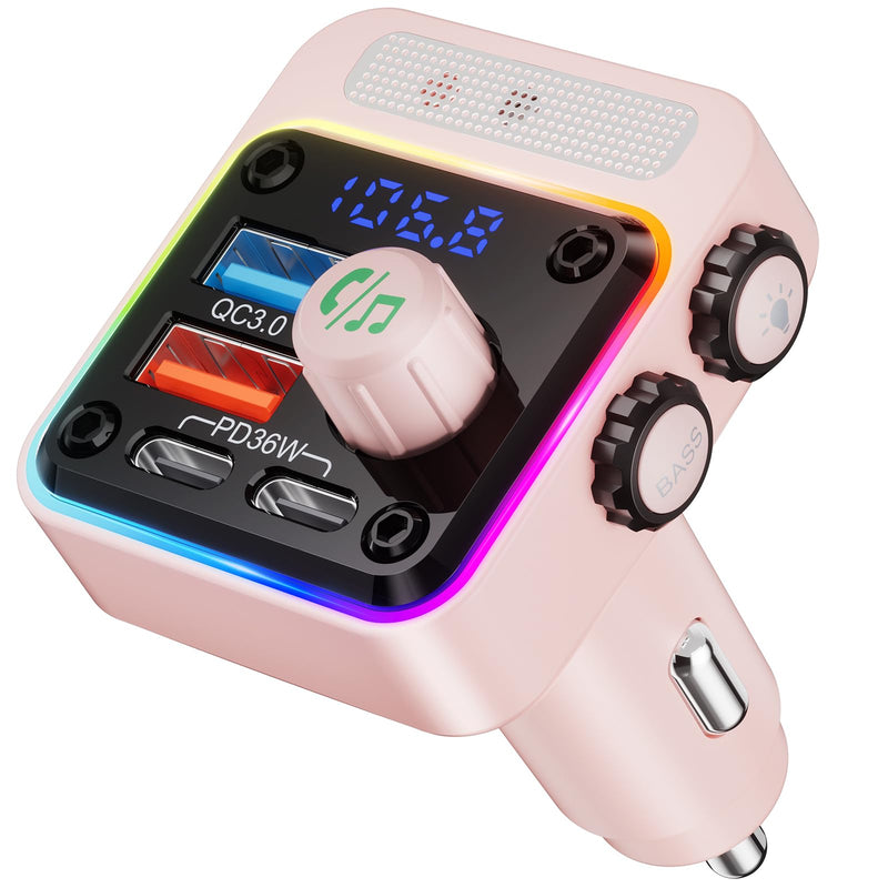 Nulaxy 54W Bluetooth 5.3 Car Adapter with 4 Charging Ports [PD 36W & QC3.0 18W], Wireless Radio FM Transmitter with Deep Bass Player & 5 Colors LED Backlit, Hands-Free Calling - NX16 Pink E-Pink