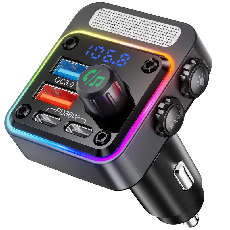 Nulaxy 54W Bluetooth 5.3 Car Adapter with 4 Charging Ports [PD 36W & QC3.0 18W], Wireless Radio FM Transmitter with Deep Bass Player & 5 Colors LED Backlit, Hands-Free Calling - NX16 Black A-Black