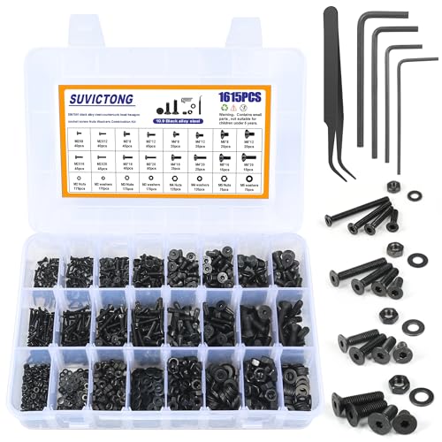 1615PCS Metric M2 M3 M4 M5 Hex Socket Flat Head Screws Countersunk Bolts Assortment Kit with Nuts/Washers,10.9Grade Alloy Steel Thread Hexagon Allen Machine Bolt with 4 Hex Wrenches 1615pcs-FlatScrews
