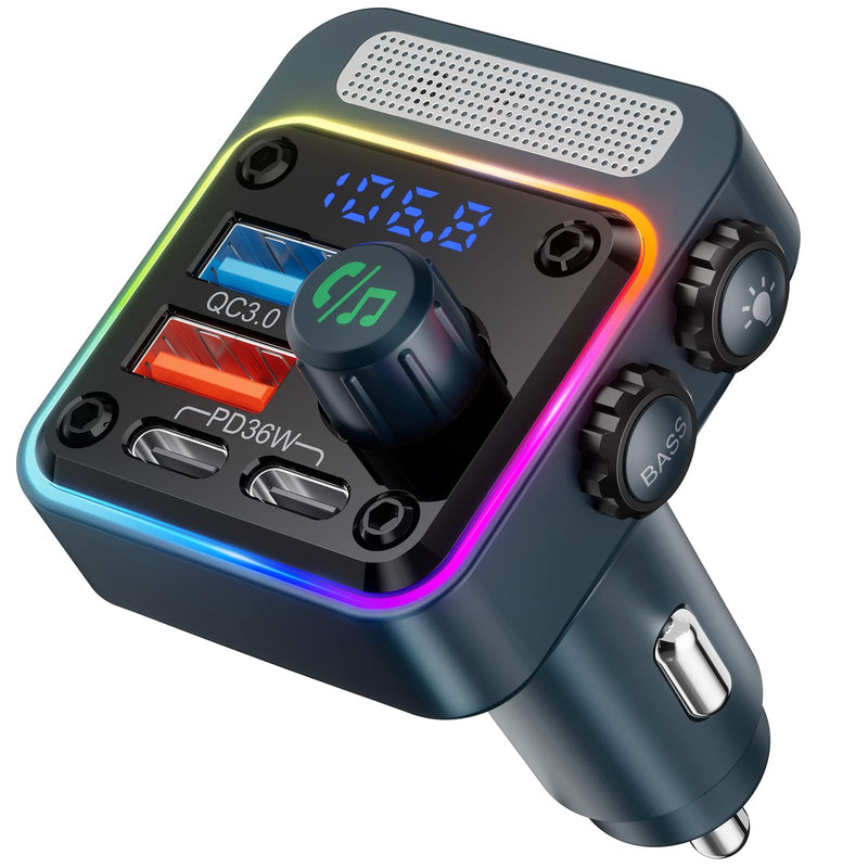 Nulaxy 54W Bluetooth 5.3 Car Adapter with 4 Charging Ports [PD 36W & QC3.0 18W], Wireless Radio FM Transmitter with Deep Bass Player & 5 Colors LED Backlit, Hands-Free Calling - NX16 Blue D-Blue