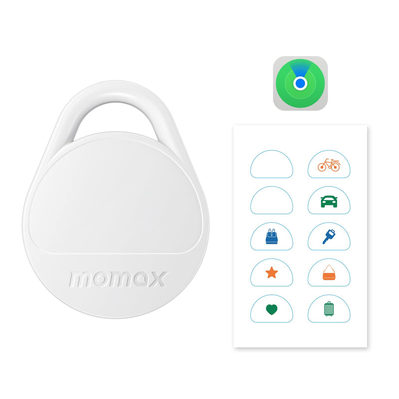 Momax Tracker Electronics Key Finder Luggage Tracker Smart Tag for Key, Backpack, Wallet, Pets Works with Apple Find My (iOS Only) and Global Search Range Include DIY Personalized Stickers White