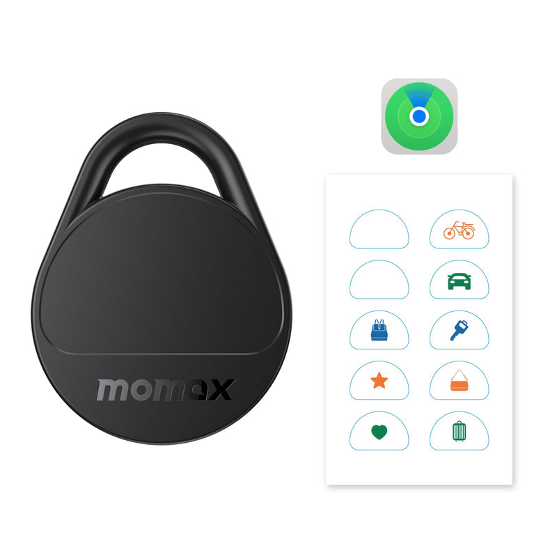 Momax Tracker Electronics Key Finder Luggage Tracker Smart Tag for Key, Backpack, Wallet, Pets Works with Apple Find My (iOS Only) and Global Search Range Include DIY Personalized Stickers Black