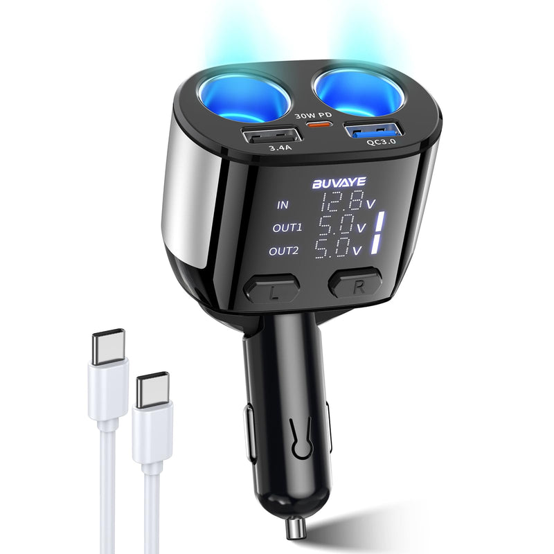 Cigarette Lighter Splitter 2 Socket w Voltmeter, BUVAYE 5 in 1 Fast Charge USB C Car Charger Adapter, Dual Cigarette Lighter Adapters for Cars,12V/24V Car Plug in Adapter Outlet for Dash Cam GPS Phone