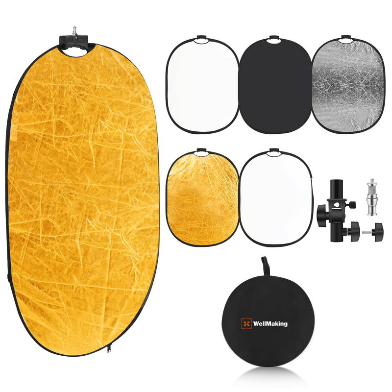 WELLMAKING 24'' x 36'' (60 x 90cm) Photography Reflector 5-in-1 Collapsible Light Reflector with Bag & tilt Adapter, Portable Light Reflector Photography Panel for Studio Video & Outdoor Lighting 24'' x 36'' (60 x 90cm)