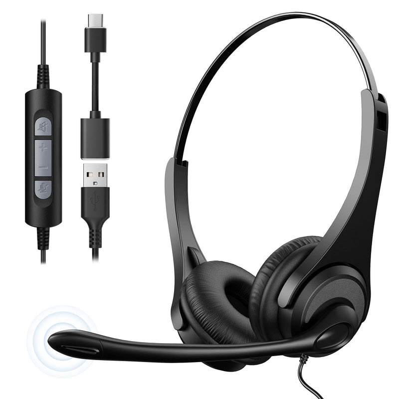 USB Headset with Microphone, Computer USB & Type-C Headphones with Noise Canceling Mic for PC Laptop Wired On-Ear Phone Headsets with Mute for Office, Call Center, Video Meeting, Chat 382