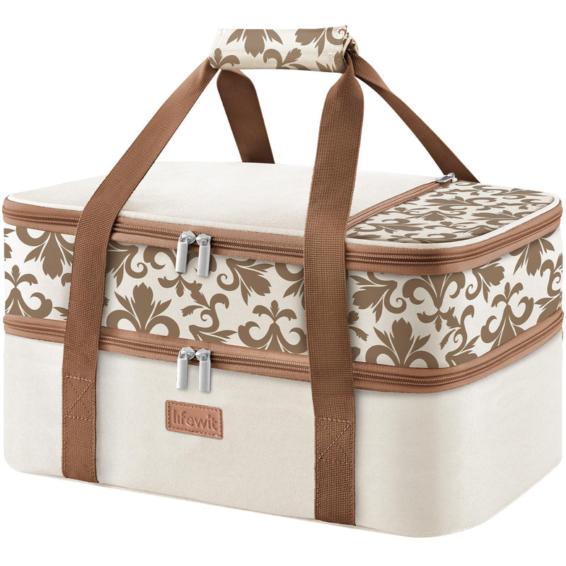 Lifewit Insulated Double Decker Casserole Carrier for Hot or Cold Food, Lasagna Lugger Holder Fits 9" x 13" Baking Dish, Thermal Lunch Tote Bag for Potluck Parties, Picnic and Cookouts, Cream Beige 15.7 x 11.4 x 8.3inch