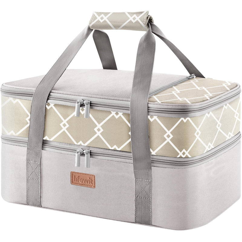 Lifewit Insulated Double Decker Casserole Carrier, Lasagna Lugger Holder for Hot or Cold Food, Fits 9" x 13" Baking Dish, Thermal Lunch Tote Bag for Potluck Parties, Picnic and Cookouts, Grey Gray 15.7 x 11.4 x 8.3inch