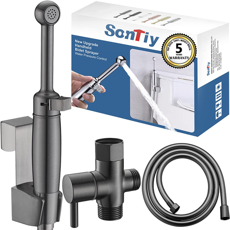 SonTiy Handheld Bidet Toilet Sprayer Gunmetal, Cloth Diaper Sprayer Bathroom Hand Held Jet Spray Bidet Attachment for Toilet with Adjustable Pressure Control, Solid Brass, 7.2" Bidet Wand ‎Black Stainless