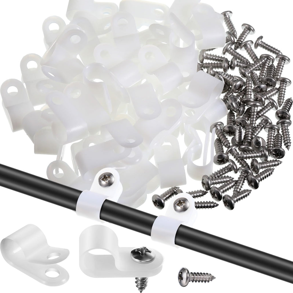 Hicarer 50 Pack R-Type Cable Clip Wire Clamp, Nylon Screw Mounting Cord Fastener Clips with 50 Pack Screws for Wire Management (White,3/8inch) White 3/8inch