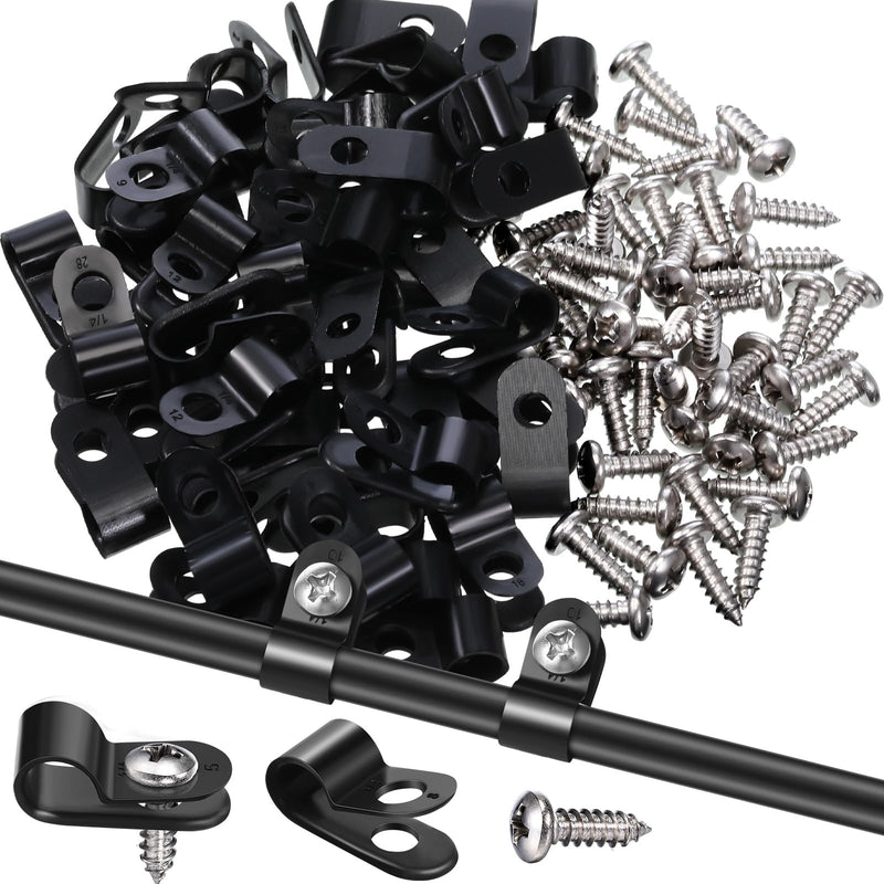 Hicarer 50 Pack R-Type Cable Clip Wire Clamp, Nylon Screw Mounting Cord Fastener Clips with 50 Pack Screws for Wire Management (Black, 1/4inch) Black