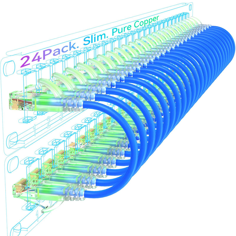 Sokqovt Cat6a Slim Ethernet Patch Cable 3ft (24 Pack), Flexible 10G 550MHZ, 28AWG Pure Copper for Network Cabinet, Cat 6 Blue