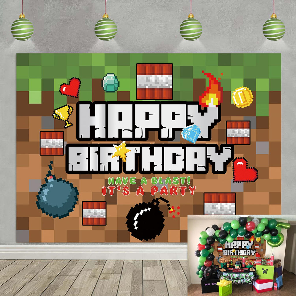 Pixel Happy Birthday Backdrop Video Game Themed Party Photography Background Kids Boy Birthday Video Gaming Battle Gamer Party Supplies Cake Table Decor Banner (7X5FT) 7X5FT