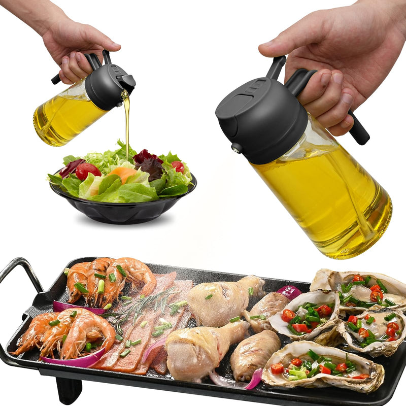2-in-1 Oil Dispenser and Sprayer, 500ml Glass Bottle, Black, Cooking, Salad, Barbecue