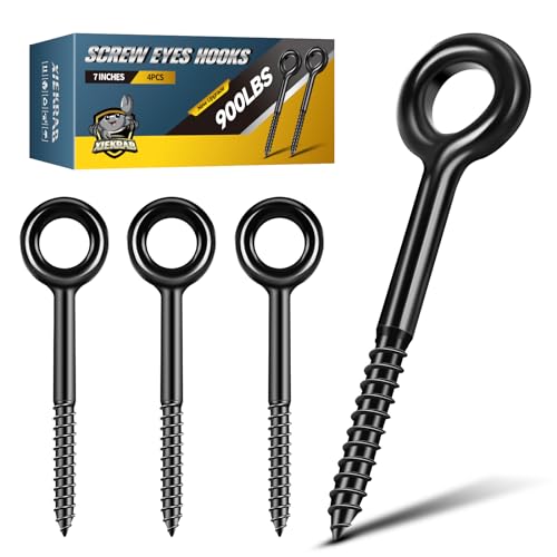 7 inch Eye Bolts - 4 Pcs Eyes Hooks Screw Heavy Duty 900 lbs Breaking Strength Black Rust-Resistant, Self Tapping Eyelet Screw for Wood Securing, Hammock Stand, Indoor & Outdoor Use 7" 4Pcs
