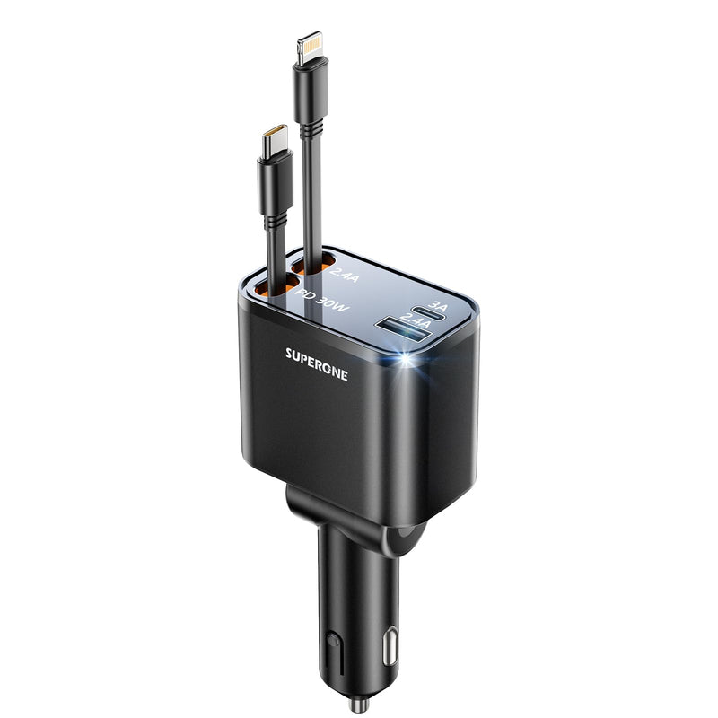 [2024 Upgraded] 4 in 1 Retractable Car Charger, SUPERONE Smaller Fast Car Phone Charger 69W with Cord, USB C and Lightning Car Charger Adapter, Compatible iPhone 15/15 Pro Max/14/13/12/11, Sumsung Black