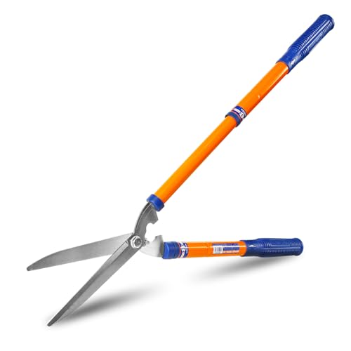 WADFOW WPR1E95 Hedge Clippers:Bush Clippers With Adjustable Length Handle and Wavy SK-5 Steel Blade,Hedge Shears for Pruning Borders and Bushes, Blue and Yellow