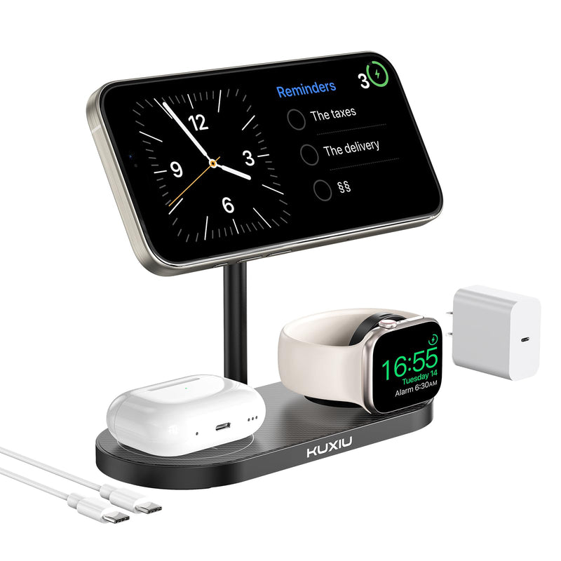 3 in 1 Charging Station for Apple, Aluminum Alloy & Carbon Fiber Magnetic Wireless Charger, Compatible with iPhone 15/14/13/12 Series, for Apple Watch, for AirPods 3/2/Pro & Multiple Qi Devices