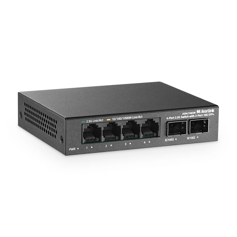 MokerLink 4 Port 2.5G Ethernet Switch with 2x10G SFP+ Slot, 4x2.5G Base-T Ports Compatible with 100/1000Mbps, Mini Size, Metal Unmanaged Fanless Network Switch Mini 4*2.5G,2*10G SFP