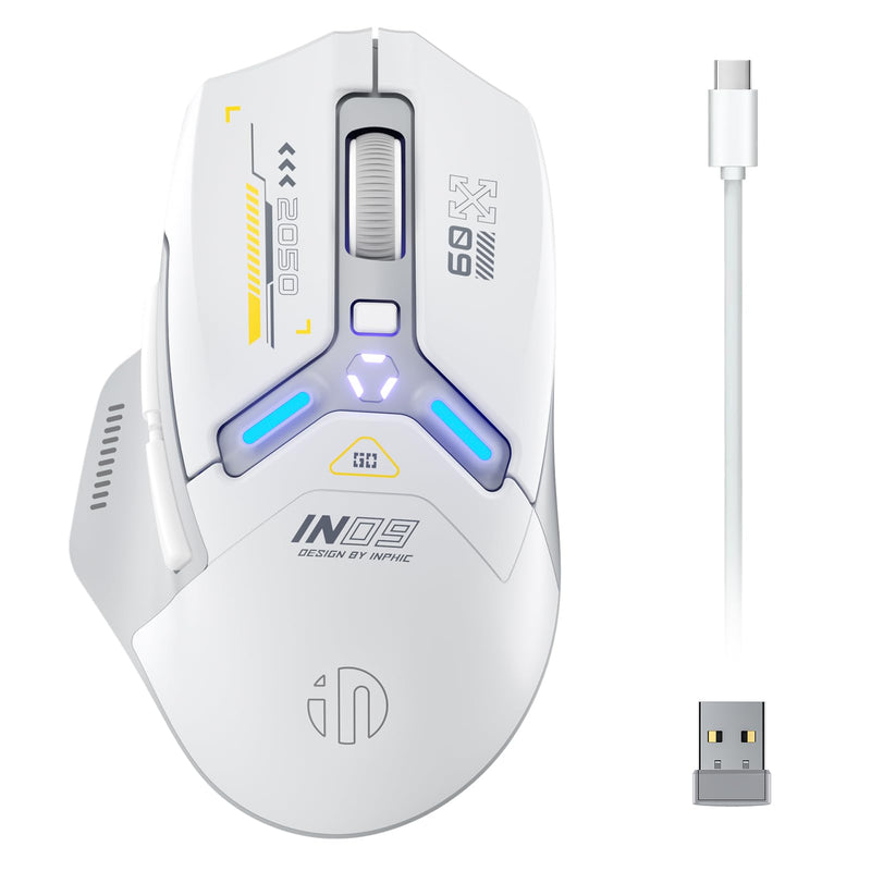 INPHIC IN9 Wireless Gaming Mouse, True Tri-Mode Bluetooth/Type-CWired/2.4G Wireless Mouse, 10000 DPl, Fully Programmable, RGB Backlit, Rechargeable Wireless Computer Mouse for Laptop PC Mac-White-Gray Gray