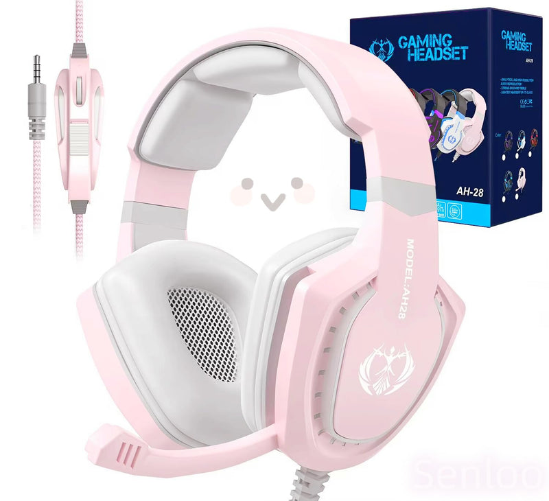 Pink Gaming Headset with Mic for PC Computer Mac Laptop, Over-Ear Wired Gaming Headphones with Microphone, Volume Control, Compatible with PS4 Xbox PS5 Controller Phone