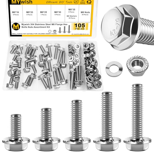 105Pcs M8x1.25 Bolt x 16/20/25/30/35mm Flanged Hex Head M8 Bolt, M8 Screws 304 Stainless Steel Nuts and Bolts Assortment Kit, DIN 6921, Serrated Metric Bolt Assortment by Mywish Silver 105Pcs M8