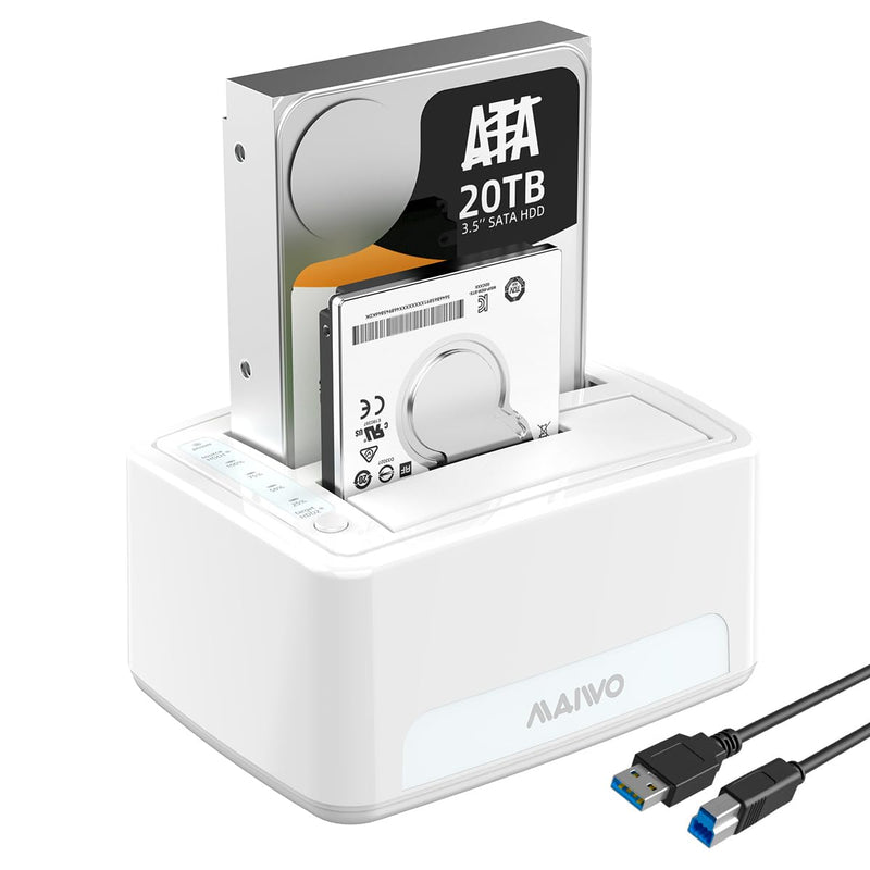 MAIWO Dual Bay Hard Drive Docking Station with Offline Clone, SATA Cloner Dock for 2.5 and 3.5 inch HDDs and SSDs, 40TB Expansion,UASP Supported,White