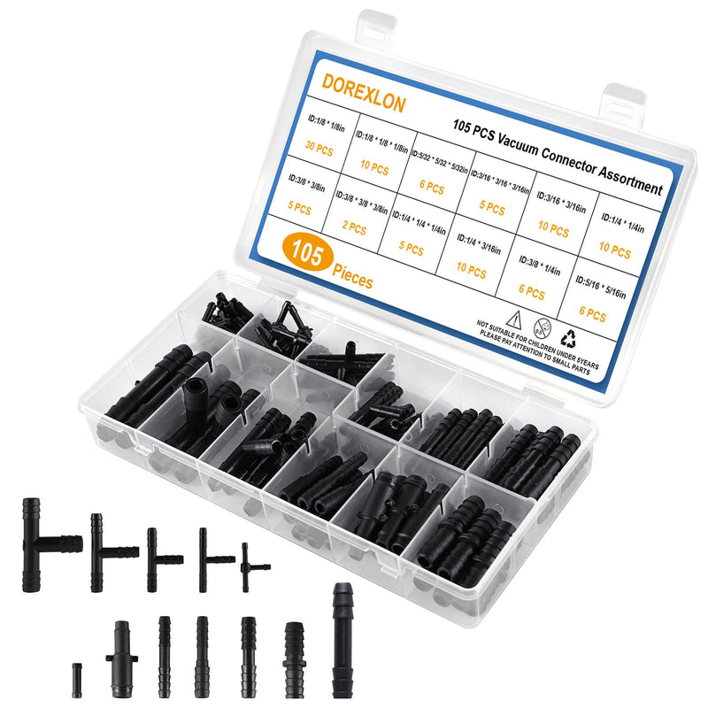 105PCS Automotive Vacuum Connector Assortment, 1/8" 3/16" 1/4" 5/16" 3/8" Vacuum Connector, Automotive Vacuum Tubing Connector, Vacuum Tee Connector, Vacuum Straight Connector