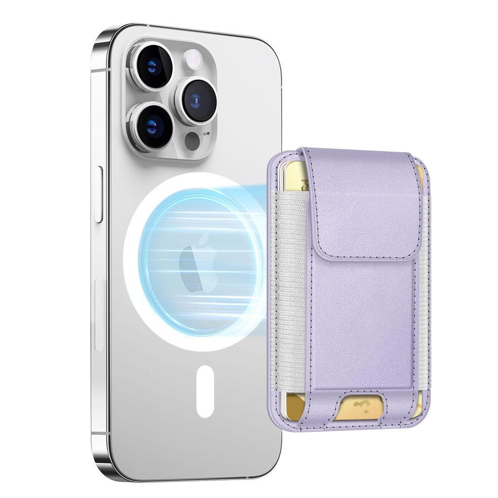 FINPAC Magnetic Wallet, Magnetic Card Wallet Holder for iPhone 15/14/13/12 Series, Fit 6 Cards, Safe RFID Blocking, Slim Leather Wallet Credit Card Holder for Women Men, Light Purple