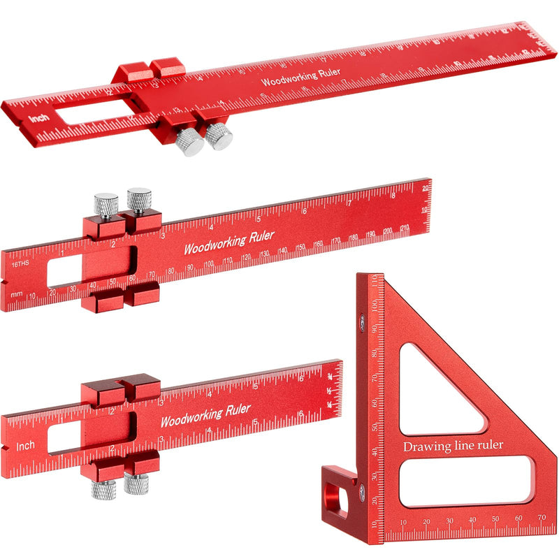 4 Pcs Woodworking Ruler, Metal Precision Pocket Rulers 12, 8, 6 Inch with 3D Multi Angle Measuring Ruler 45/90 Degree for Precision Measuring Marking Inch and Metric