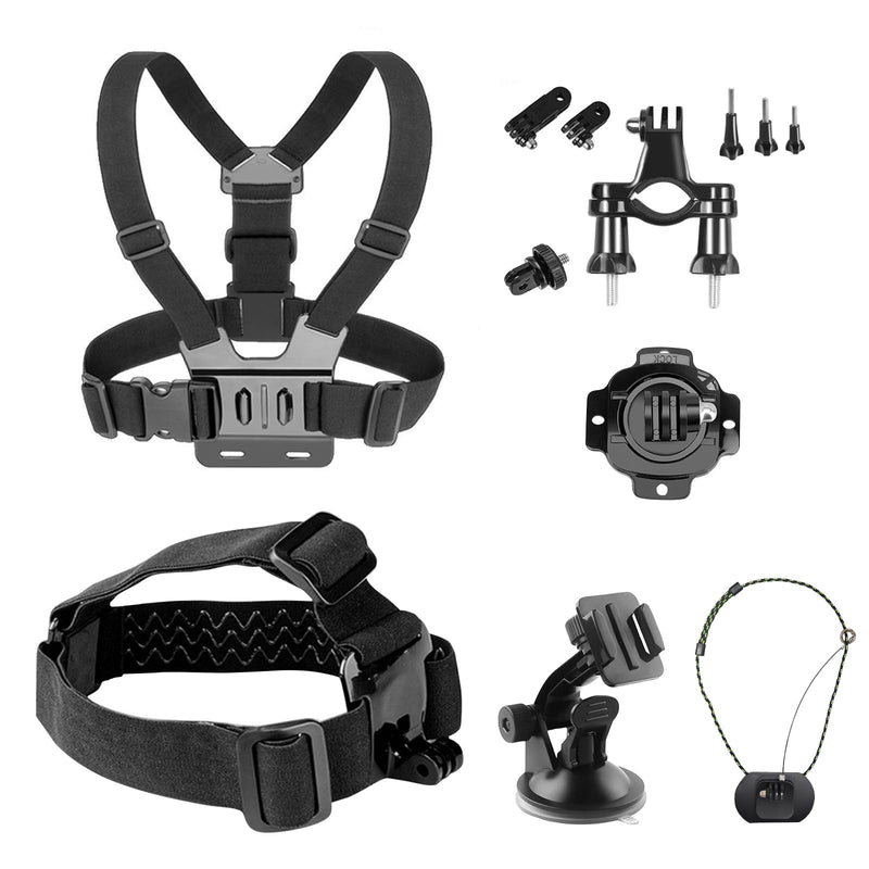 Action Camera Accessories Kits Bundle, 4k Camera Car Suction Cup Mount/Head Strap Mount/Chest Harness/360° Rotating Helmet Base/Magnetic Holder/Bicycle Handlebar Stands