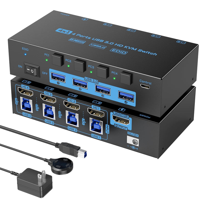 8K HDMI KVM Switch 4 Computers Sharing 1 Monitor, ANXQQ EDID Function KVM Switch HDMI 4 Port 8K@60Hz 4K144Hz for 4 USB Devices, Keyboard Mouse Switch with 4 USB Cables, Wired Control and Power Supply 8K 4 In 1 Out