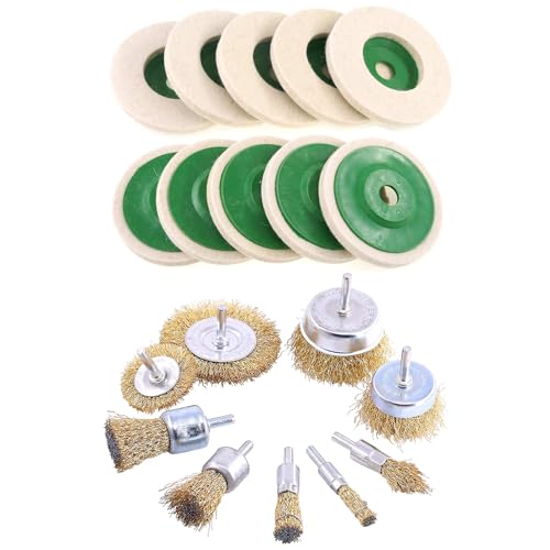 Keadic 19 Pieces Brass Wire Brushes Cup Wheels Brush & Wool Polishing Buffing Wheel Pad Set with 1/4 Inch Shank, Polishing Attachment Die Grinder Rotary Tools Accessories for Cleaning Rust Corrosion