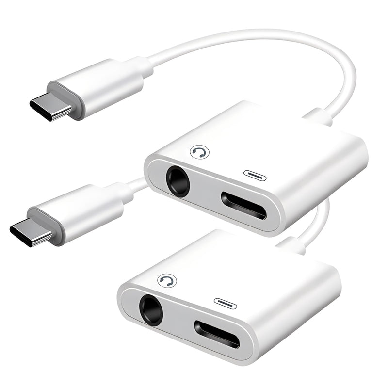 USB C to 3.5mm Headphone and Charger Adapter 2-Pack, 2-in-1 USB C to Aux Jack Dongle Cable Cord with PD Fast Charging for iPhone 15 Pro Max Plus, Samsung Galaxy S22 S23 S24 Ultra, Note 20 White