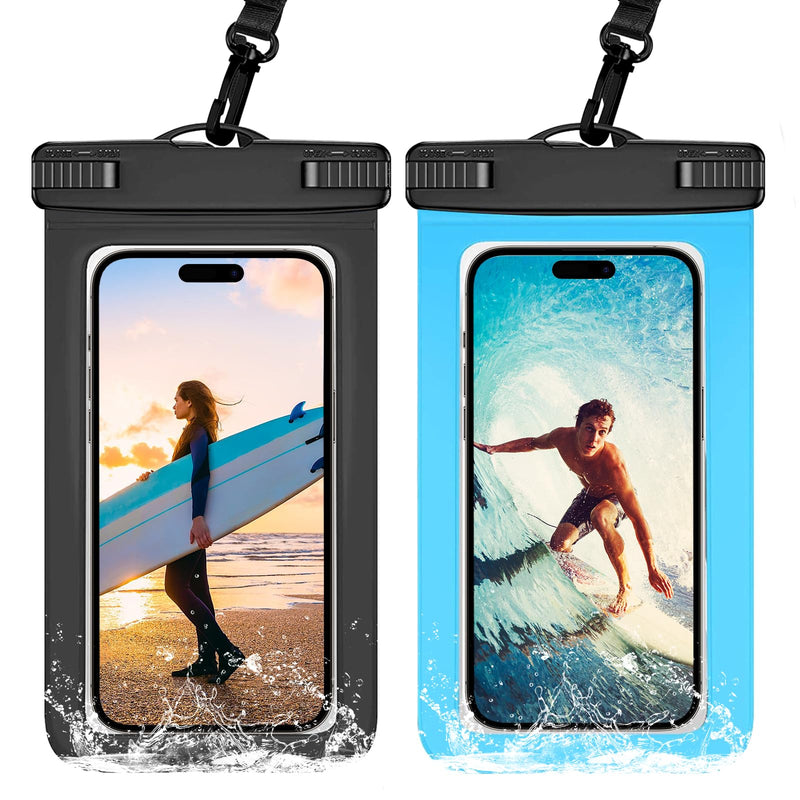 2 Pack Waterproof Phone Pouch IPX8 Universal Waterproof Case Dry Bag Phone Protector for iPhone 15 14 13 12 11 Pro Max Plus XS XR X 8 Galaxy S23 S22 S21 S20 Pixel Up to 7.5"(Black+Blue)