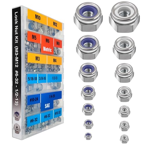 EEEEE Lock Nuts Assortment 444 pcs Stainless Steel 304 Metric locknut M3 M4 M5 M6 M8 M10 M12#6#8#10 1/4 5/16 3/8 1/2 Nylon Insert Hardware nut Lock Metric nylock nut Secure nut Steel Metric and SAE 444pcs