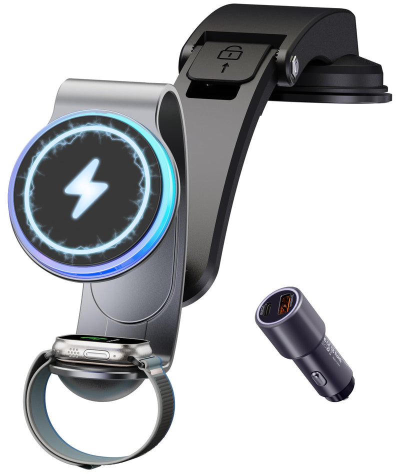 2 in 1 for MagSafe Car Mount Charger Wireless - 18W Aluminum Alloy Magnetic Car Charger with 42.5W Car Power Adapter - Dashboard Car Phone Holder Mount for Apple Watch/iPhone 15/14/13/12/Magsafe Case