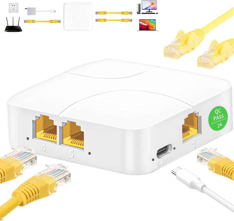 Ethernet Splitter 1 to 4, 1000Mbps High Speed Ethernet Cable Splitter, Network Splitter [4 Devices Simultaneous Networking], Gigabit RJ45 LAN Network Extension for Cat8/7/6/5e/5 Cable