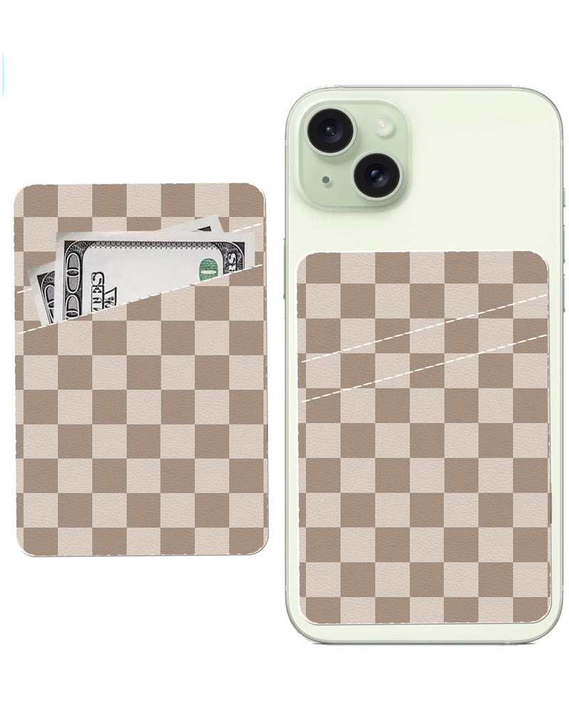 Phone Card Holder, Cute Leather Phone Wallet Stick On, Dual Pocket Credit Card Sticky Wallet, Compatible with Most of Cell Phone, Cute Checkerboard