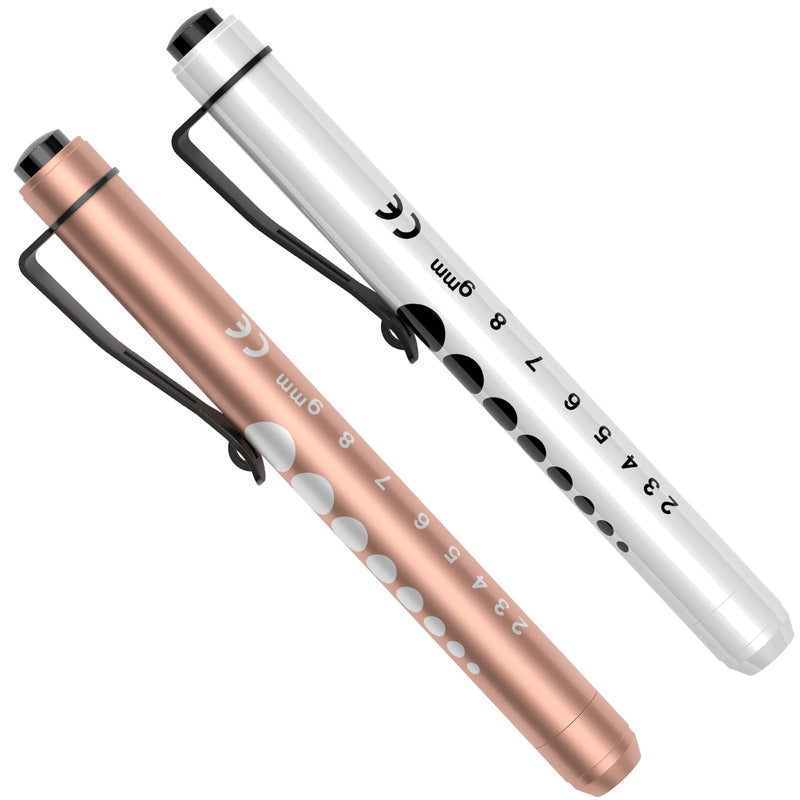 RISEMART Diagnostic Light, Pupil Light, 2 Pieces, Reusable LED Pen Lamp with Pocket Clip for Nurses, Doctors, Students, Pen Light, Gold and White