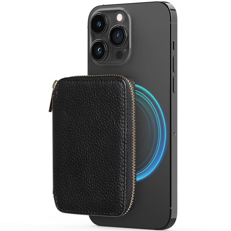 LOHASIC Magnetic Wallet, Compatible with MagSafe, Safe RFID Blocking, Stretchy Holder up to 10 Cards, Lychee Grain PU Leather Zipper Pocket, Mag Stick on Phone, for iPhone 15/14/13/12 Series - Black Black-Lychee Grain