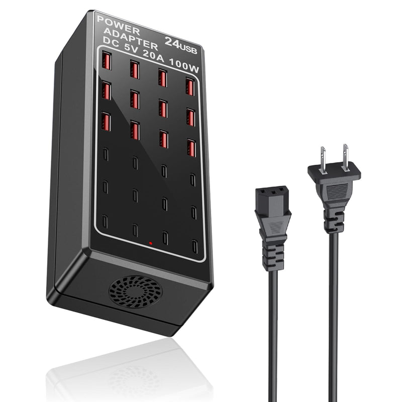 USB Charger 24 Ports, USB Charging Station 24-Port 100W(20A), USB Charger Block, 12 USB A & 12 USB C Ports fast Charger Desktop, Multi-Function Smart Charger for Apple iPhone iPad Samsung Laptop Pixel