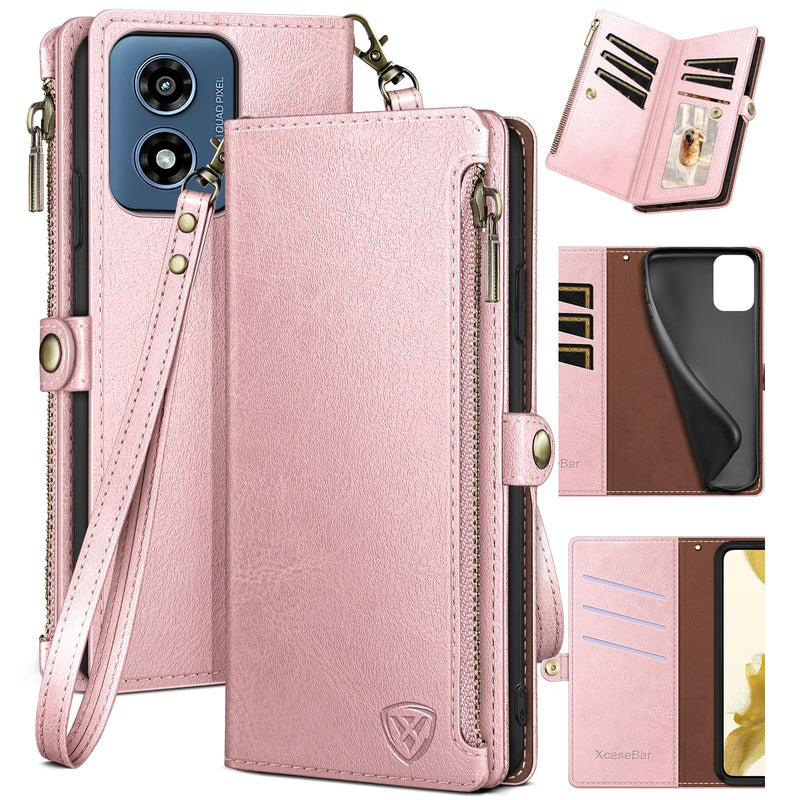 XcaseBar for Moto G 5G 2024/G Play 2024 Wallet case with Zipper Credit Card Holder【RFID Blocking】,Flip Folio Book PU Leather Phone Shockproof Cover Women Men for Moto G Play 2024 case Rose Gold