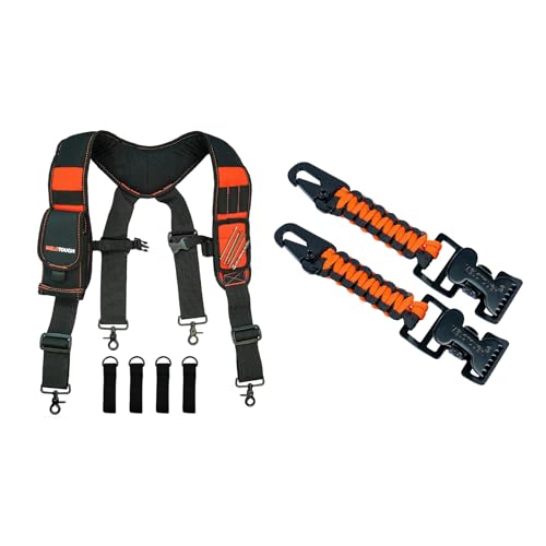 MELOTOUGH Magnetic Suspenders Tool Belt Suspenders with Large Moveable Phone Holder, Pencil Holder,Tactical Glove Clip Braided Paracord Work Glove Holder Clip for Tactical Backpack, Tool Belt(Orange)